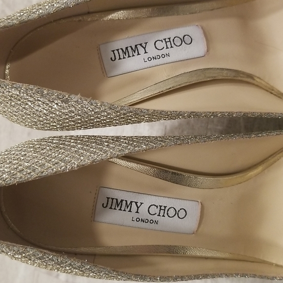💕JIMMY CHOO💕 Metallic Luna 100 Champagne Glitter Fabric Peep Toe Platform Pump - Picture 13 of 16